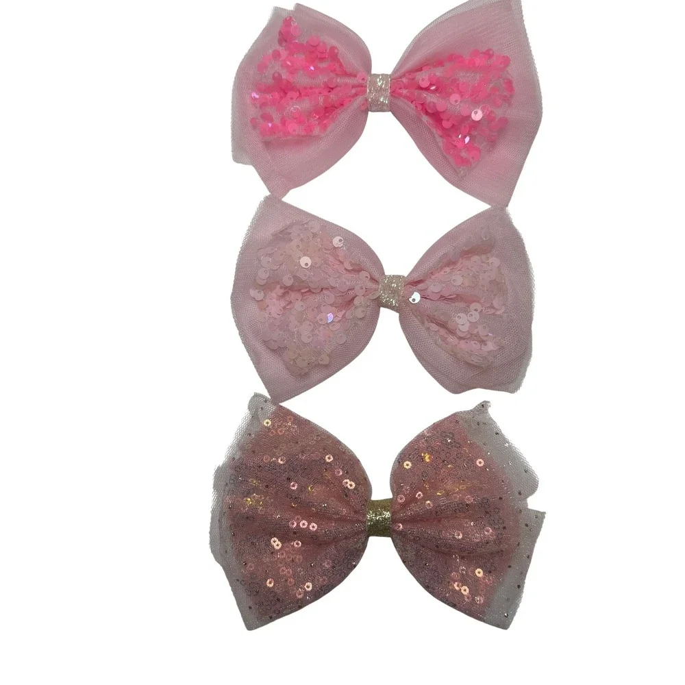Kids Pink Sequin‎ Tulle Bow Hair Clips Set 3 Sparkly hair Accessories Girls